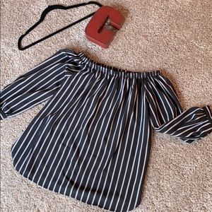 Navy stripe off the shoulder top